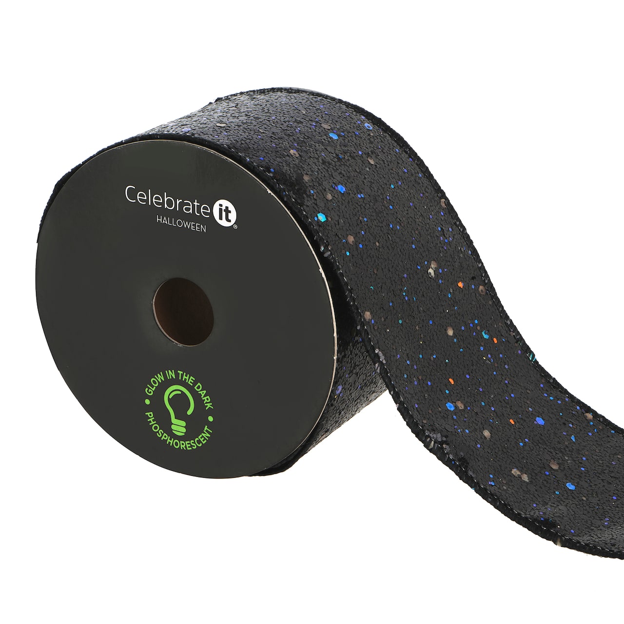 2.5" x 6.6yd. Black Glow-in-the-Dark Wired Glitter Taffeta Ribbon by Celebrate It®